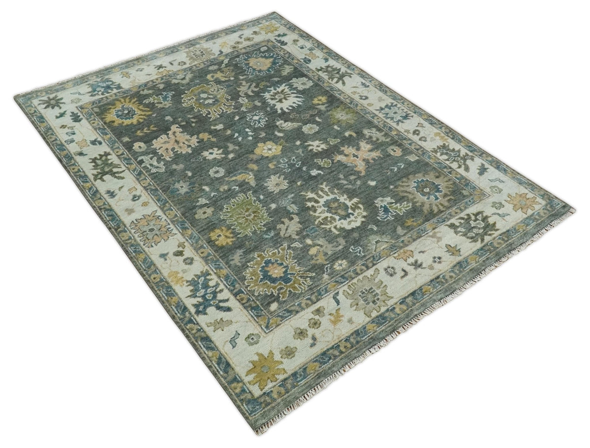 Charcoal and Ivory Hand Knotted Traditional Oushak Custom Made Wool Area Rug.