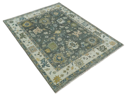 Charcoal and Ivory Hand Knotted Traditional Oushak Custom Made Wool Area Rug.