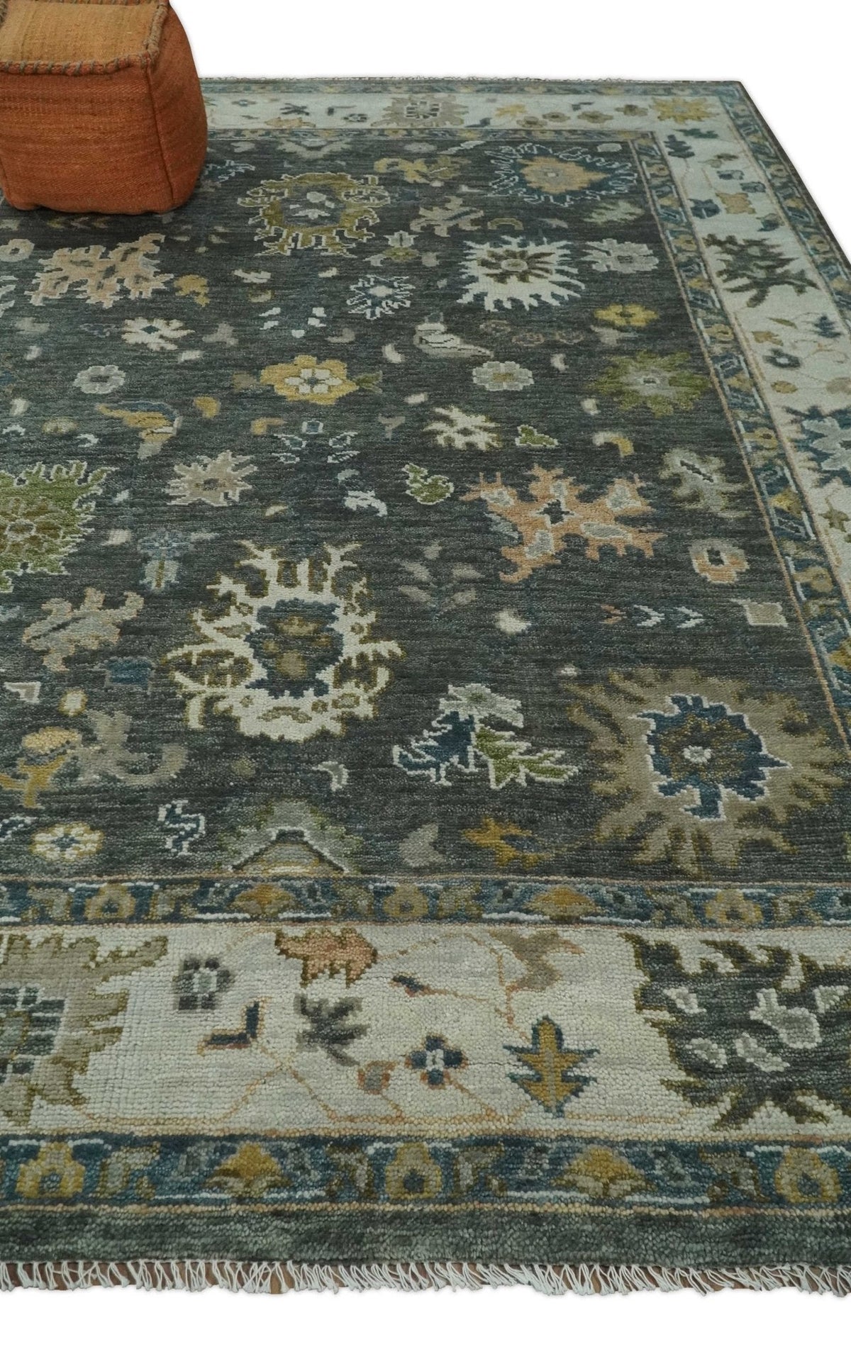Charcoal and Ivory Hand Knotted Traditional Oushak Custom Made Wool Area Rug.