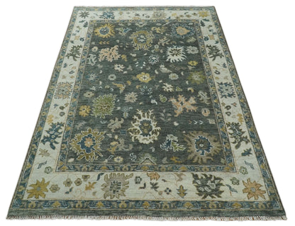 Charcoal and Ivory Hand Knotted Traditional Oushak Custom Made Wool Area Rug.