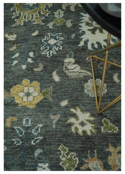Charcoal and Ivory Hand Knotted Traditional Oushak Custom Made Wool Area Rug.