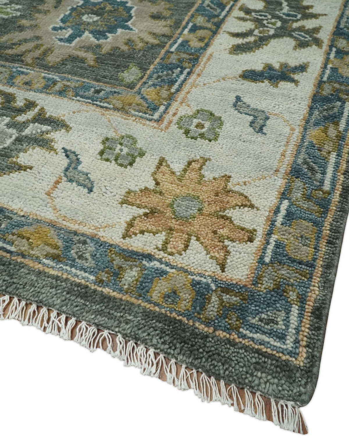 Charcoal and Ivory Hand Knotted Traditional Oushak Custom Made Wool Area Rug.