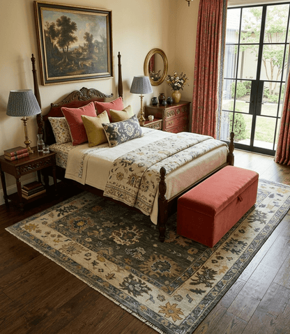 Charcoal and Ivory Hand Knotted Traditional Oushak Custom Made Wool Area Rug.