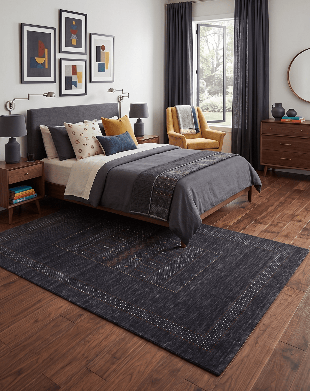 Charcoal Center Pattern Hand Loomed Wool Area Rug.