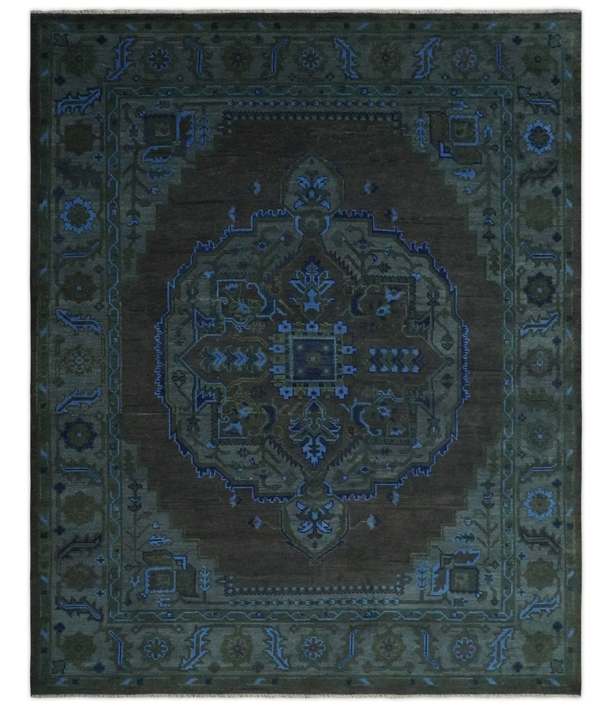 Charcoal, Gray, Green and Blue Neon look Traditional Heriz Medallion Multi Size wool Area Rug.