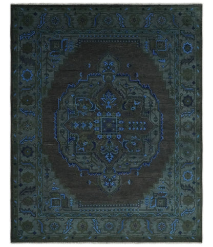 Charcoal, Gray, Green and Blue Neon look Traditional Heriz Medallion Multi Size wool Area Rug.