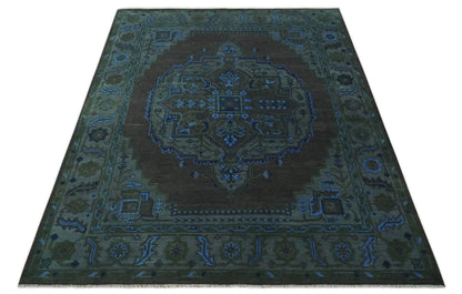 Charcoal, Gray, Green and Blue Neon look Traditional Heriz Medallion Multi Size wool Area Rug.