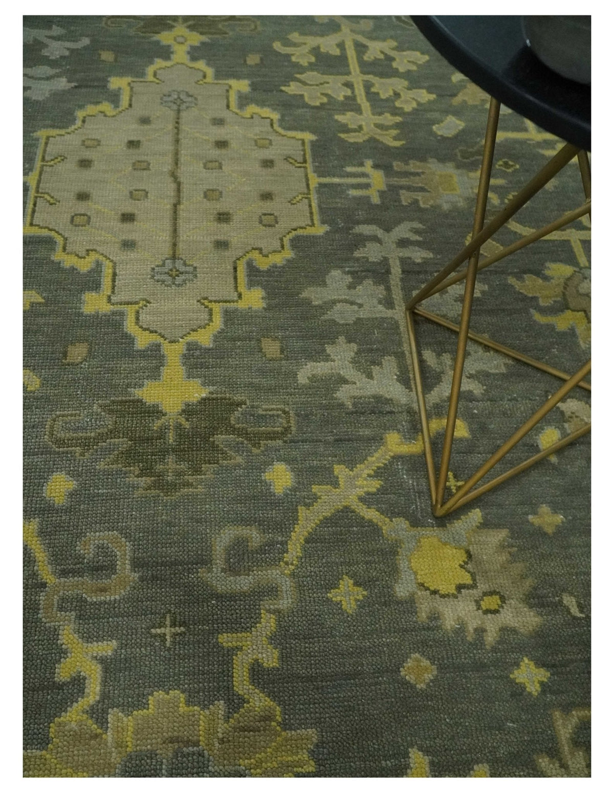 Charcoal, Olive and Mustard Hand knotted Oriental Oushak Custom Made wool Area Rug.
