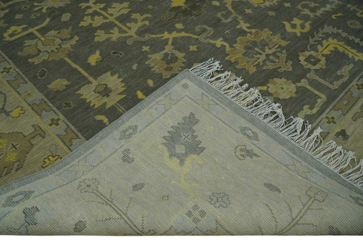Charcoal, Olive and Mustard Hand knotted Oriental Oushak Custom Made wool Area Rug.