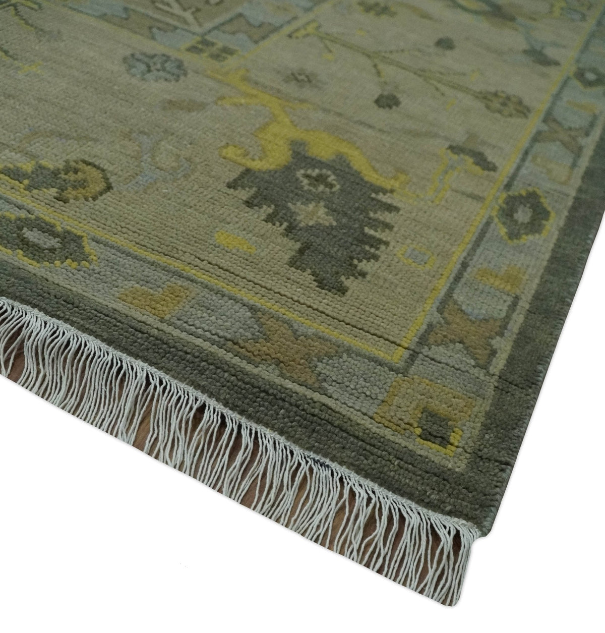 Charcoal, Olive and Mustard Hand knotted Oriental Oushak Custom Made wool Area Rug.