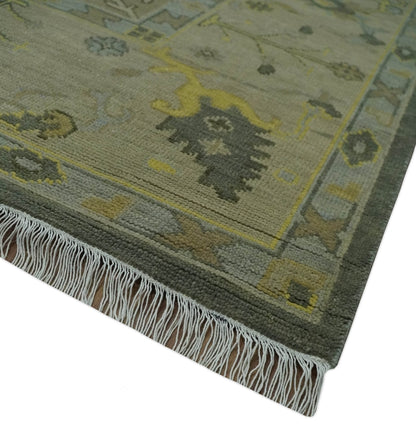 Charcoal, Olive and Mustard Hand knotted Oriental Oushak Custom Made wool Area Rug.