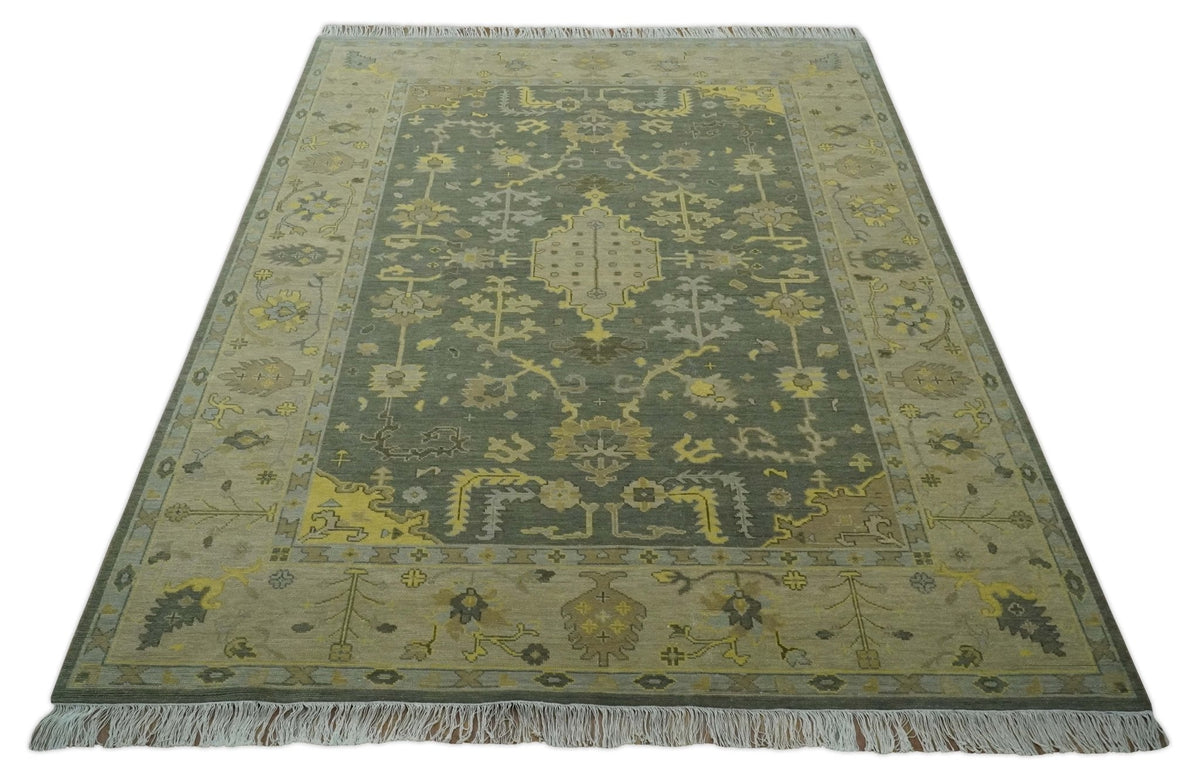 Charcoal, Olive and Mustard Hand knotted Oriental Oushak Custom Made wool Area Rug.