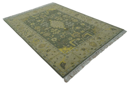 Charcoal, Olive and Mustard Hand knotted Oriental Oushak Custom Made wool Area Rug.