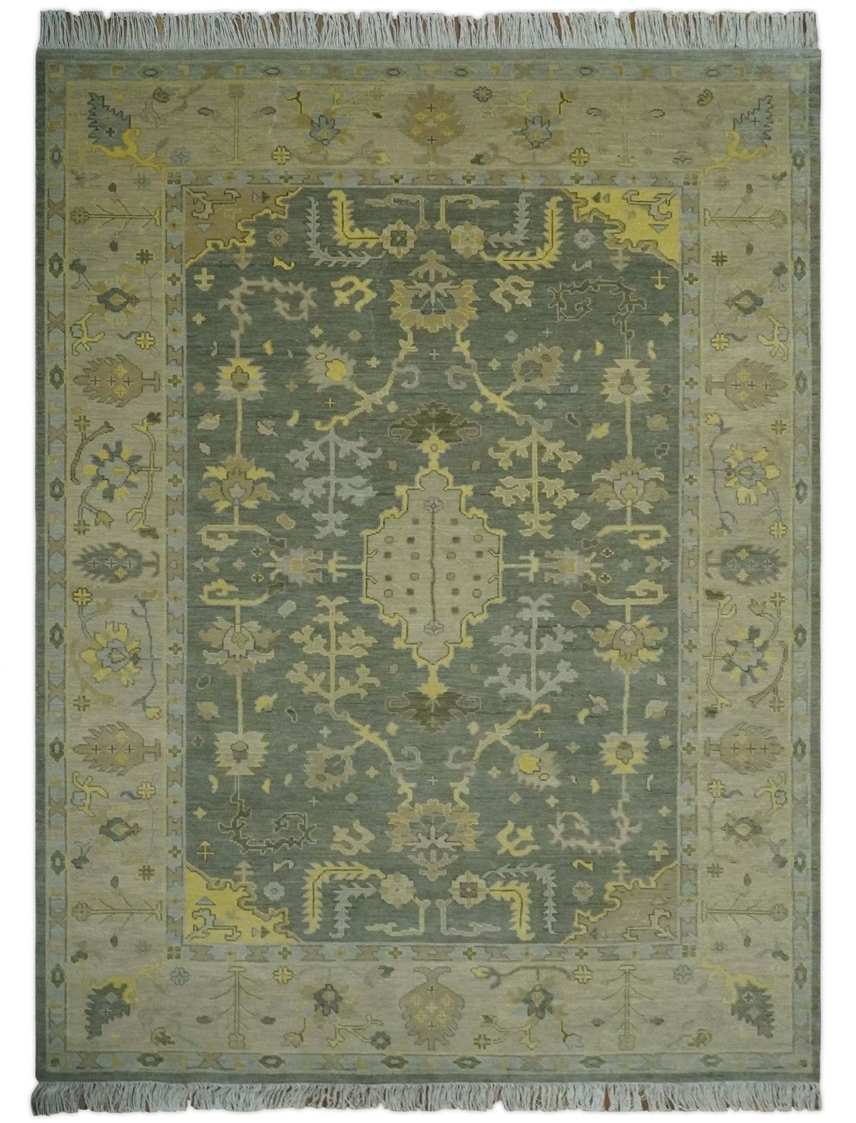 Charcoal, Olive and Mustard Hand knotted Oriental Oushak Custom Made wool Area Rug.