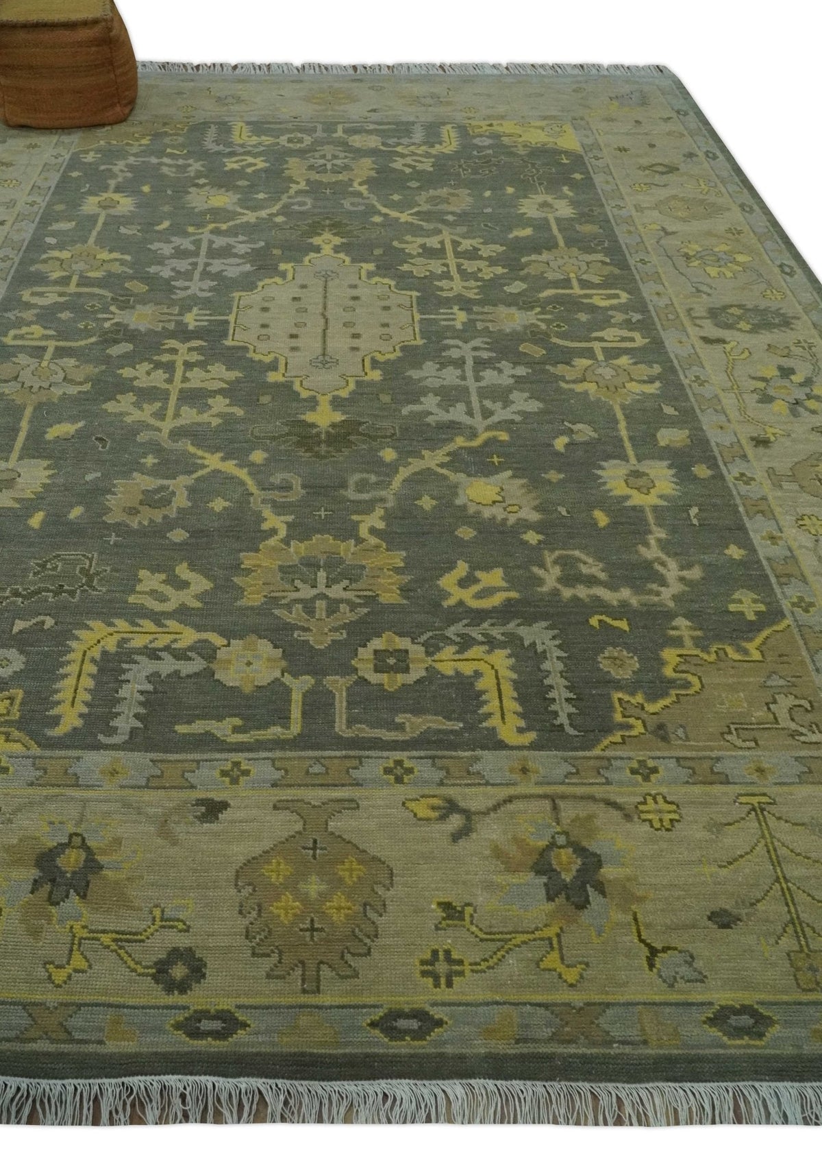 Charcoal, Olive and Mustard Hand knotted Oriental Oushak Custom Made wool Area Rug.