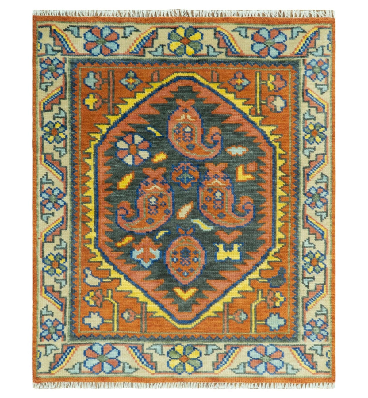 Charcoal And Rust Traditional Design Heriz Hand Knotted wool Area Rug.
