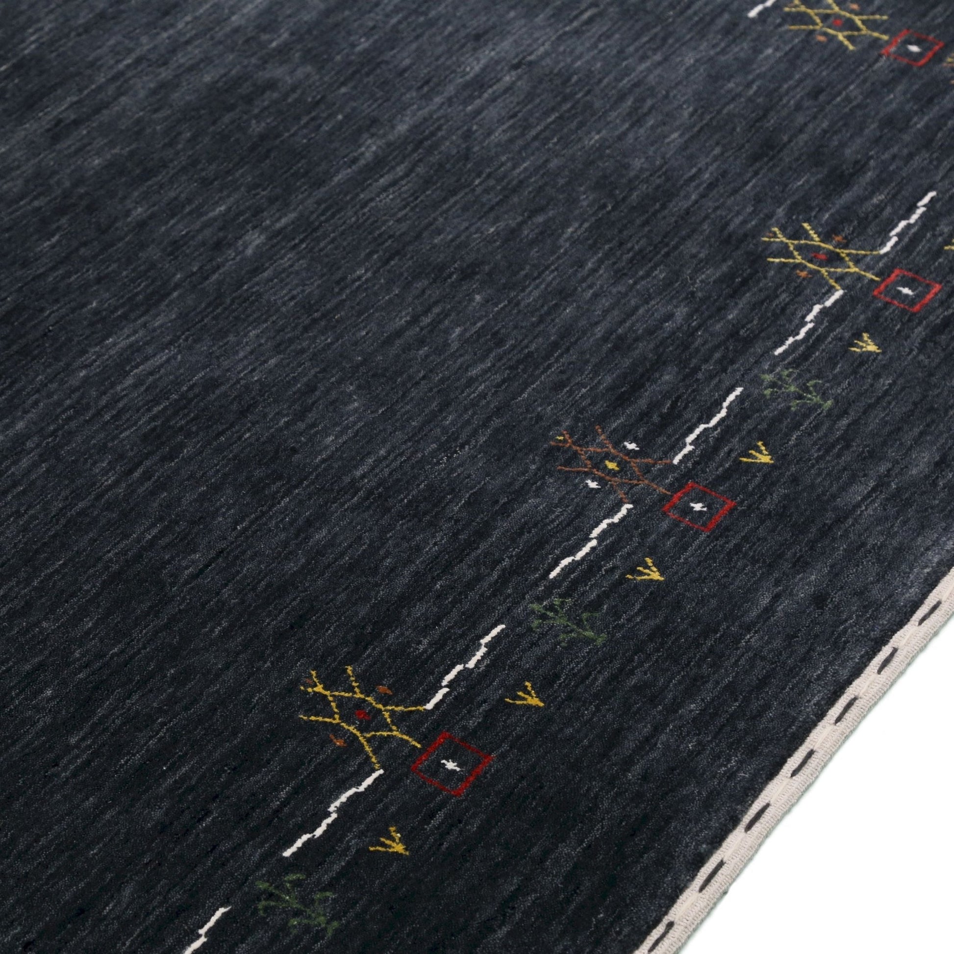 Charcoal Tribal Design Border Hand Loomed Wool Area Rug.