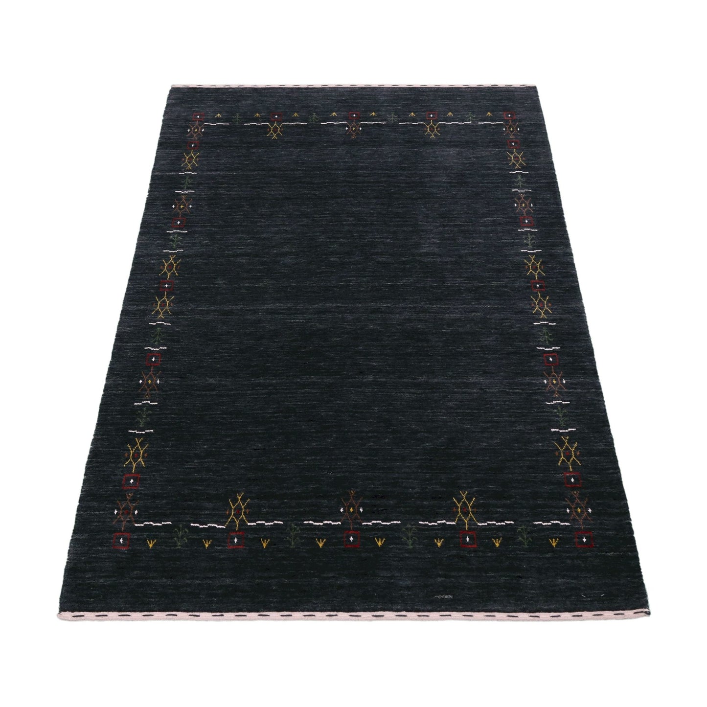 Charcoal Tribal Design Border Hand Loomed Wool Area Rug.