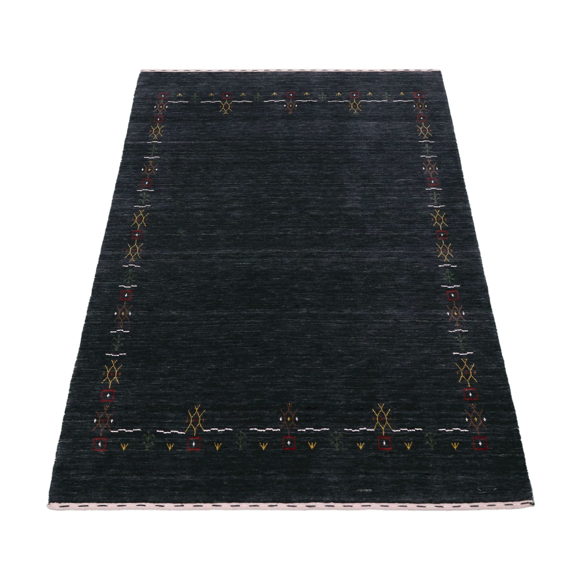 Charcoal Tribal Design Border Hand Loomed Wool Area Rug.