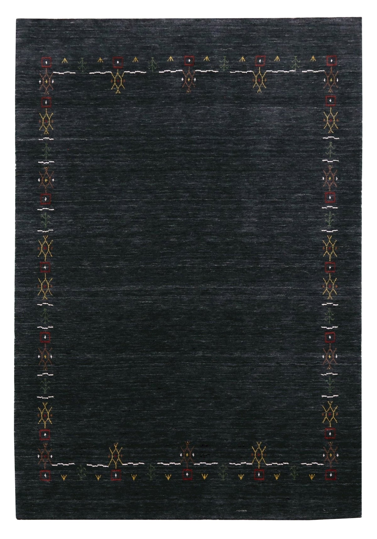 Charcoal Tribal Design Border Hand Loomed Wool Area Rug.