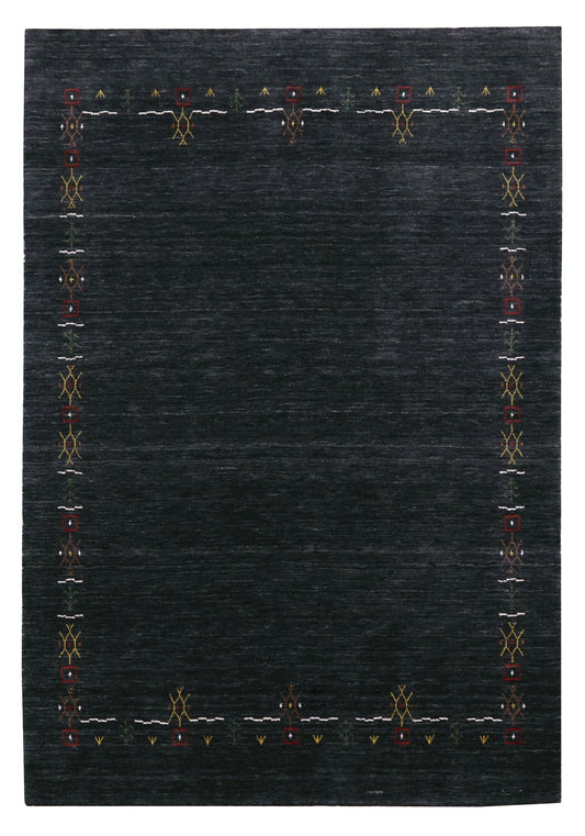 Charcoal Tribal Design Border Hand Loomed Wool Area Rug.