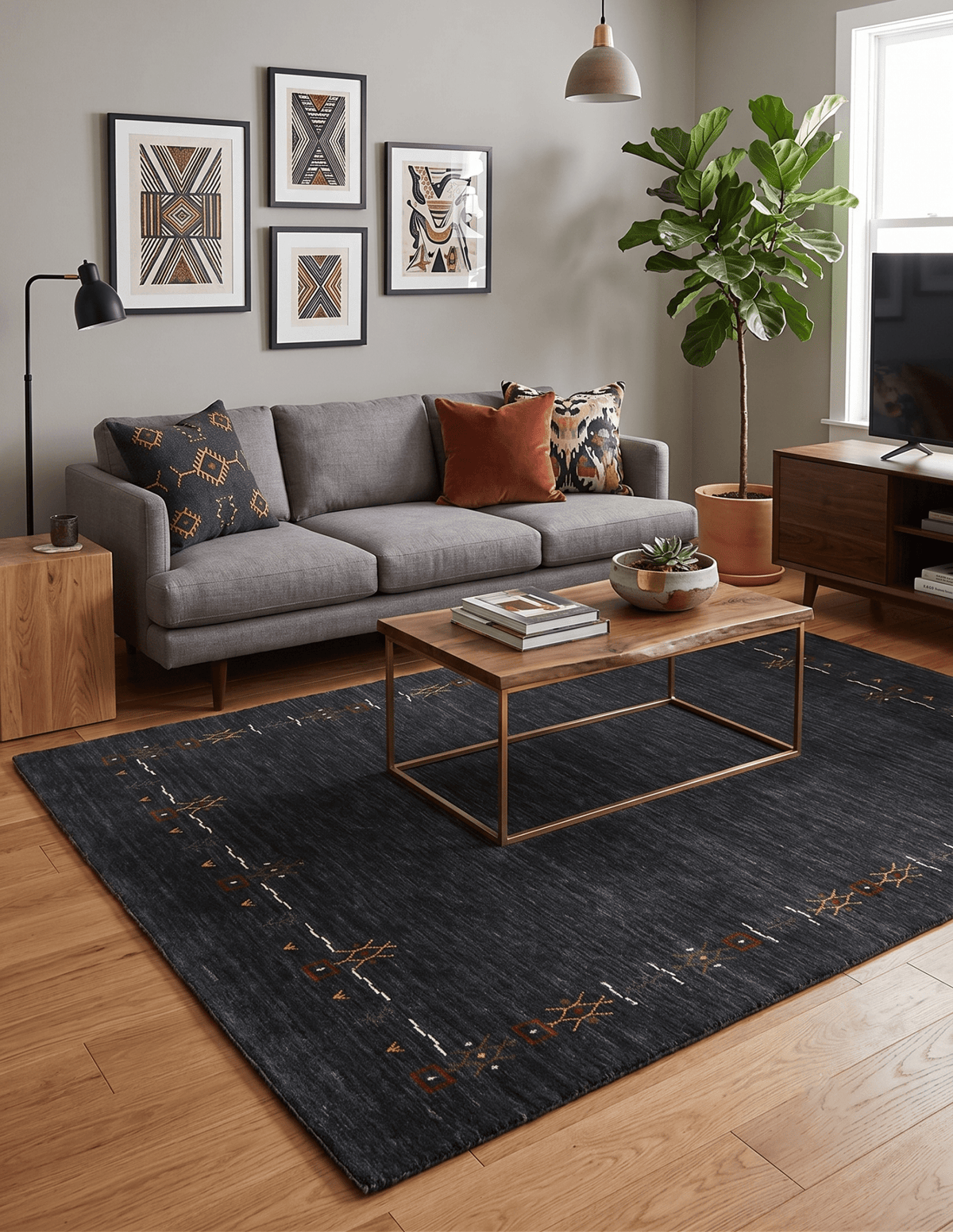 Charcoal Tribal Design Border Hand Loomed Wool Area Rug.