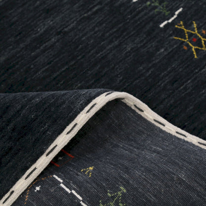 Charcoal Tribal Design Border Hand Loomed Wool Area Rug.