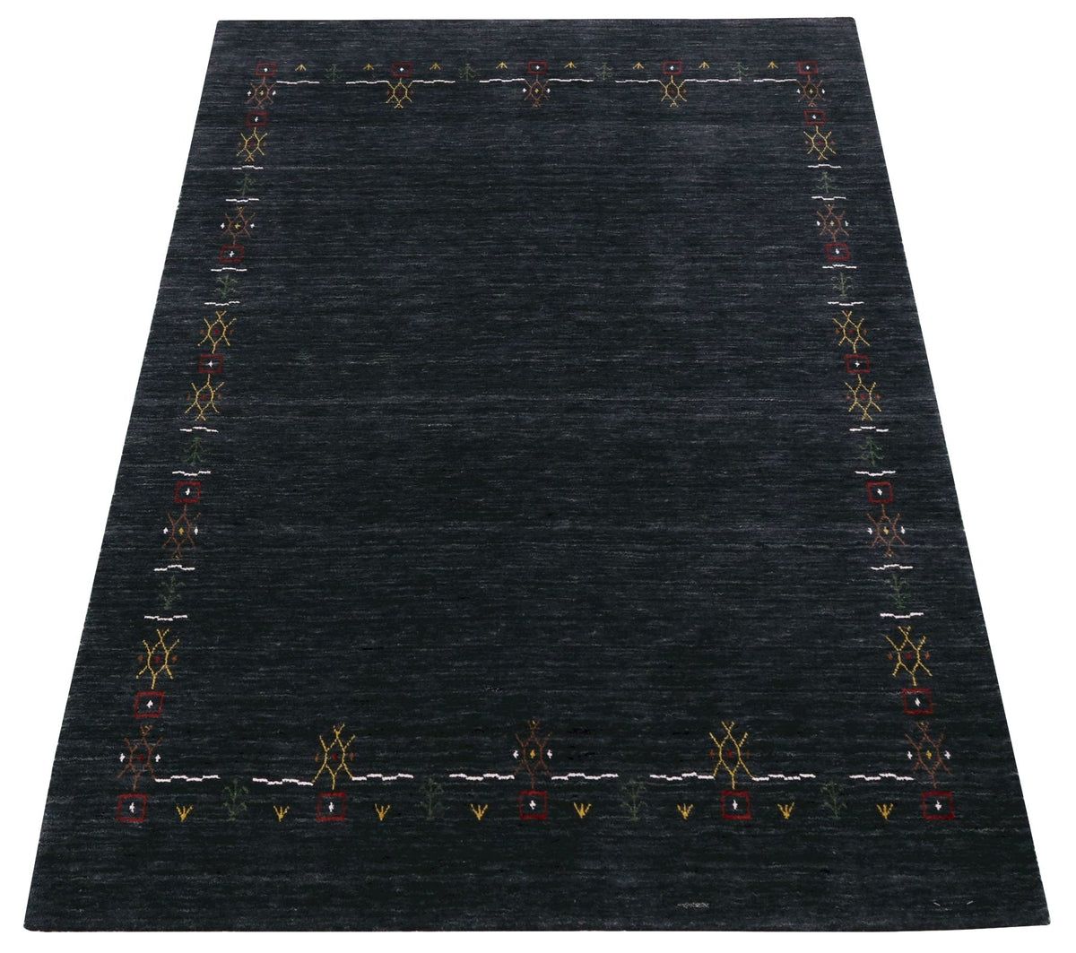 Charcoal Tribal Design Border Hand Loomed Wool Area Rug.