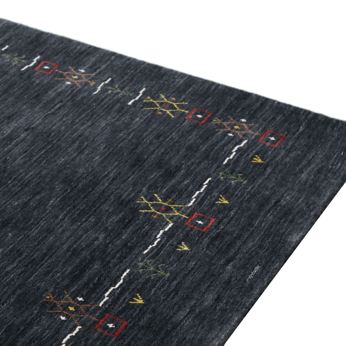 Charcoal Tribal Design Border Hand Loomed Wool Area Rug.