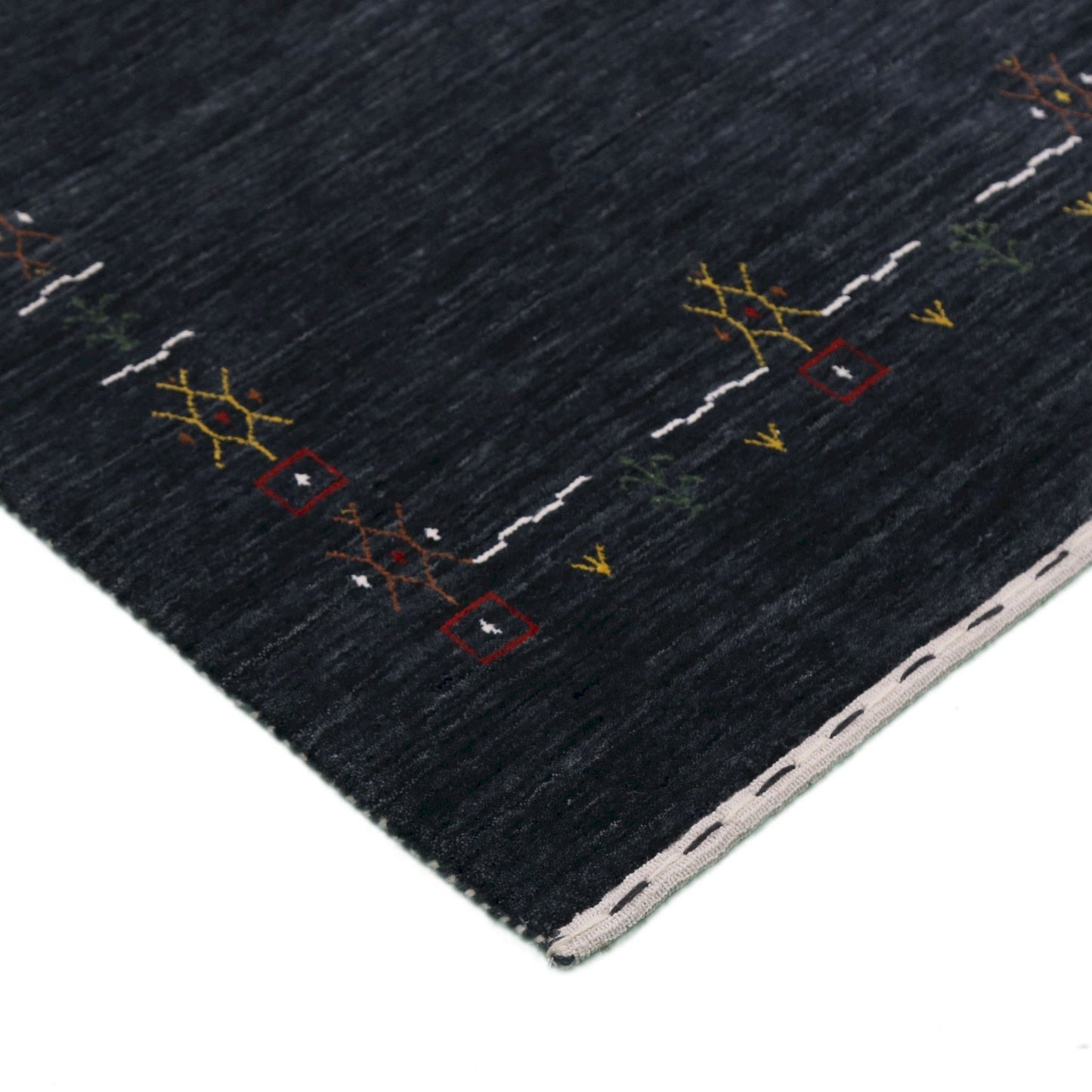 Charcoal Tribal Design Border Hand Loomed Wool Area Rug.