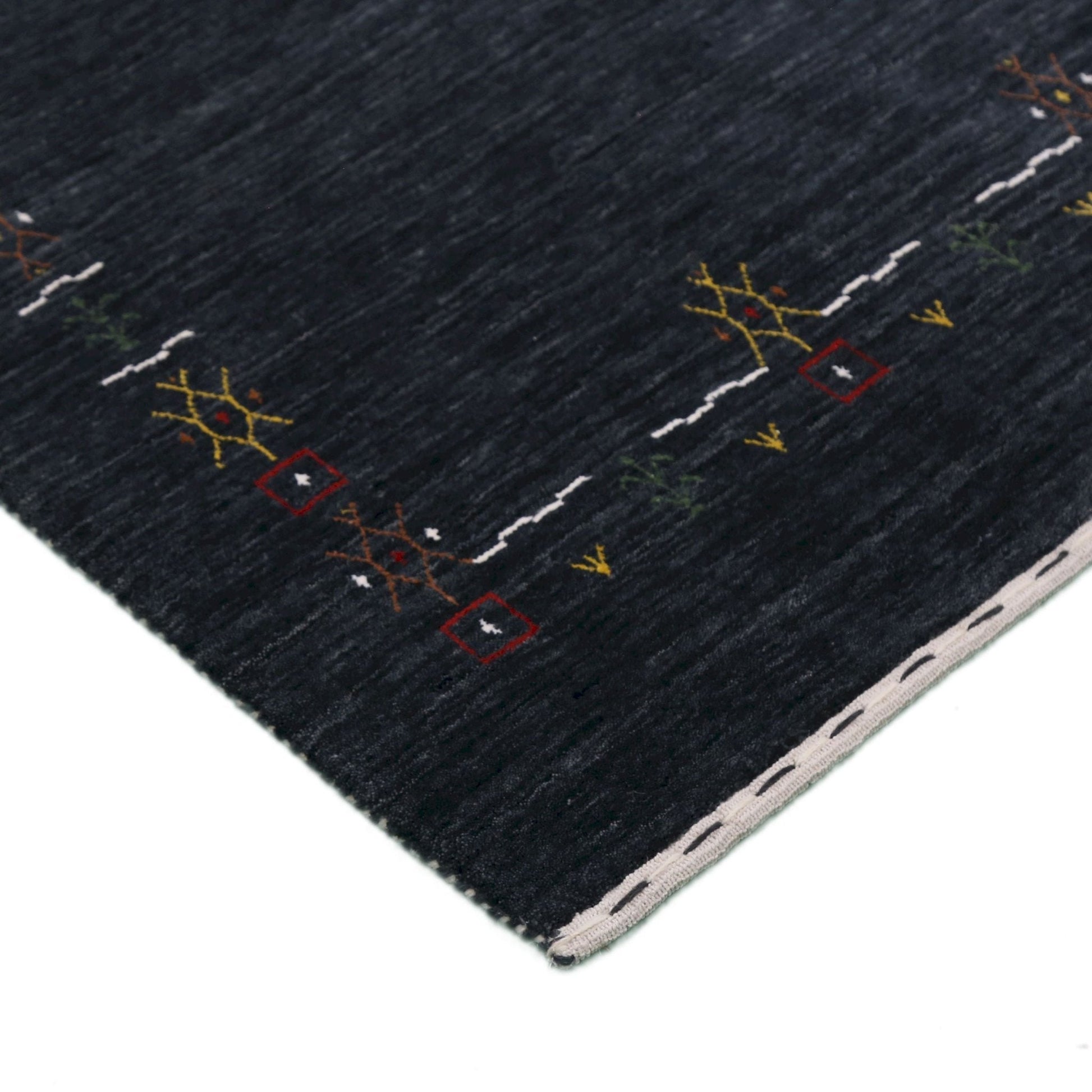 Charcoal Tribal Design Border Hand Loomed Wool Area Rug.