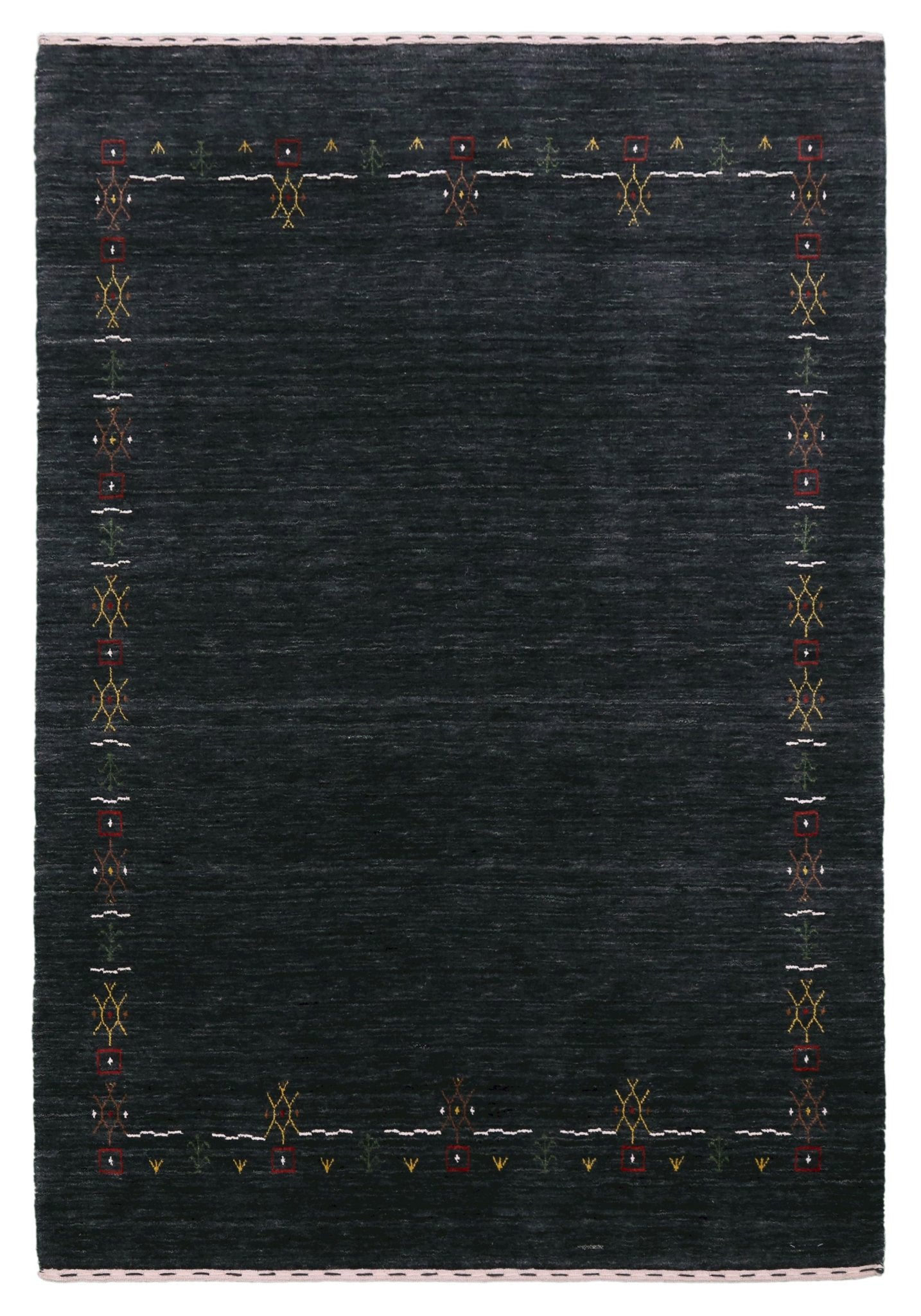 Charcoal Tribal Design Border Hand Loomed Wool Area Rug.