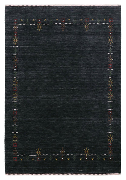 Charcoal Tribal Design Border Hand Loomed Wool Area Rug.