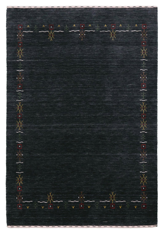 Charcoal Tribal Design Border Hand Loomed Wool Area Rug.