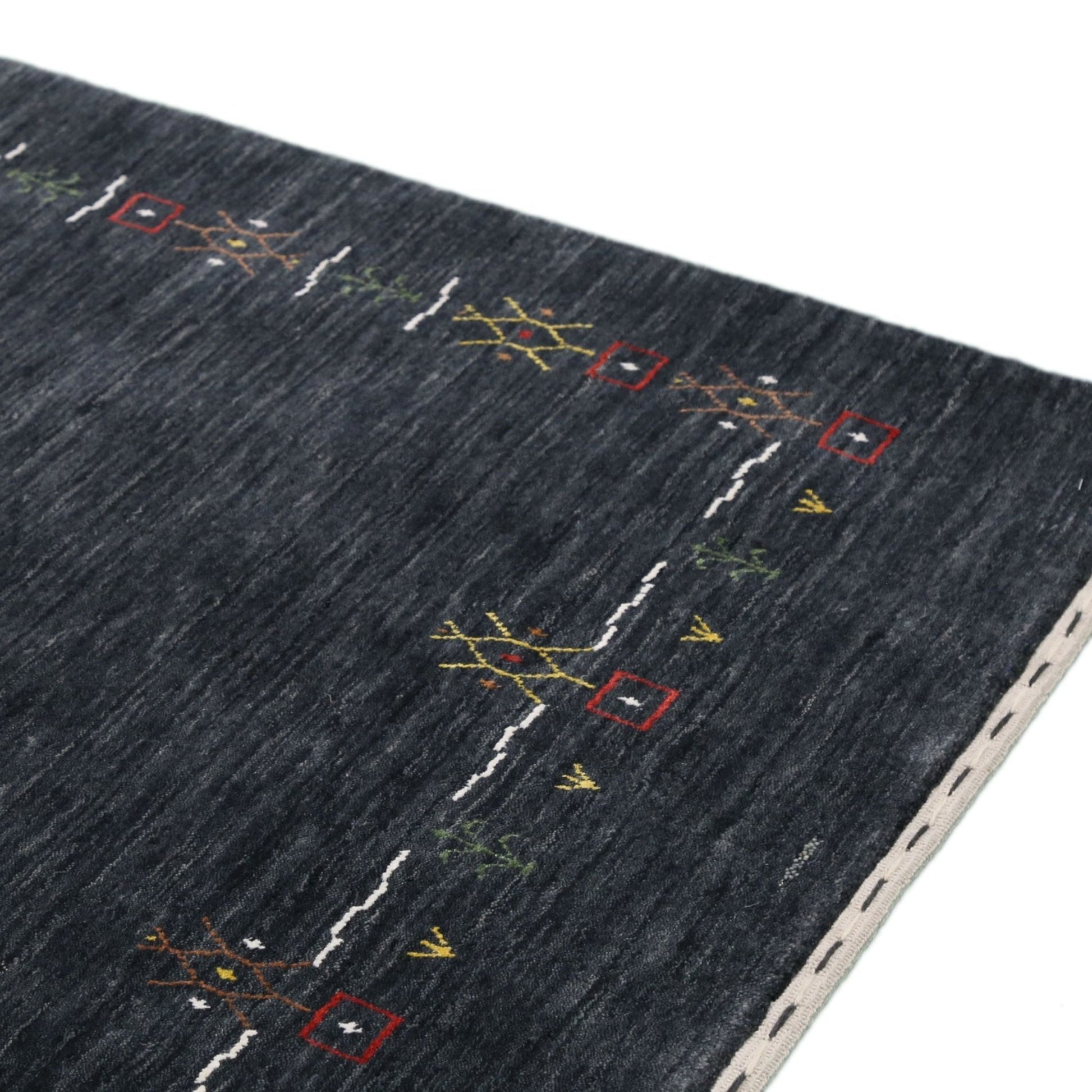 Charcoal Tribal Design Border Hand Loomed Wool Area Rug.
