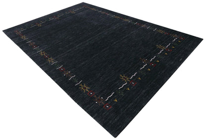 Charcoal Tribal Design Border Hand Loomed Wool Area Rug.