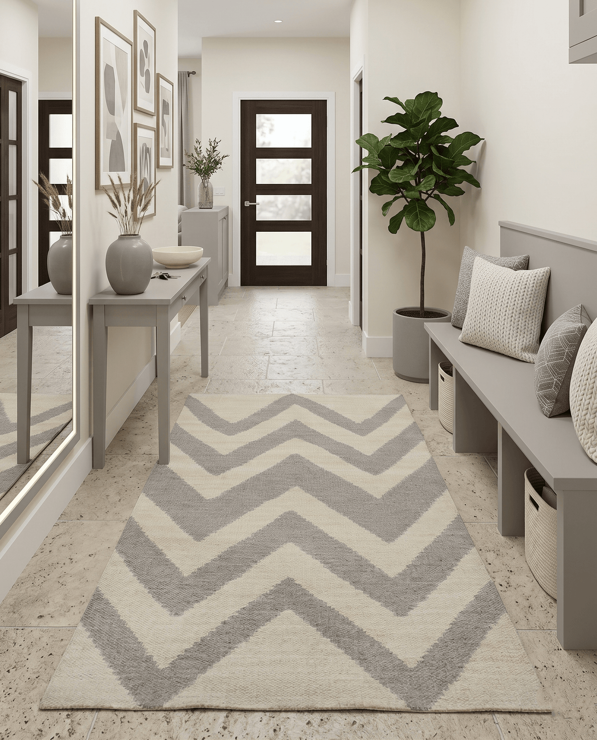 Chevron Pattern Gray and Beige Dhurrie Rug.