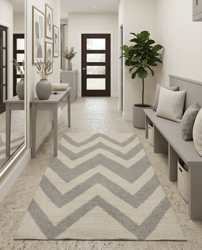 Chevron Pattern Gray and Beige Dhurrie Rug.