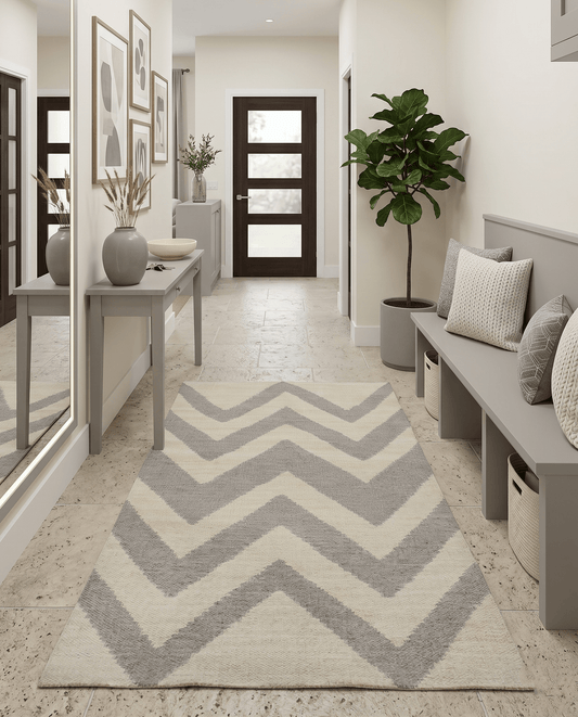 Chevron Pattern Gray and Beige Dhurrie Rug.
