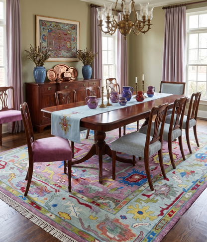 Colorful Hand knotted Traditional Oushak Pink And Ivory Custom Made wool Area Rug.