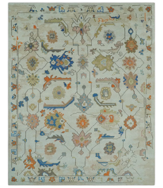 Colorful Ivory, Blue, Orange and Olive Hand Knotted Traditional Oriental Oushak Custom Made wool area Rug.