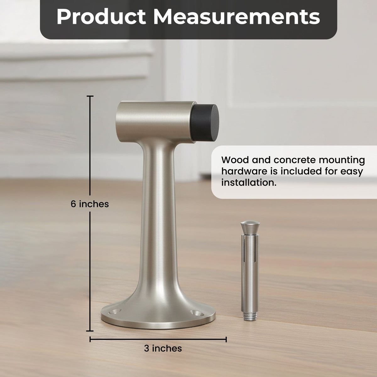 Heavy Duty 6″ Floor-Mount Door Stop – Solid Brass, Commercial Grade (Satin Nickel).
