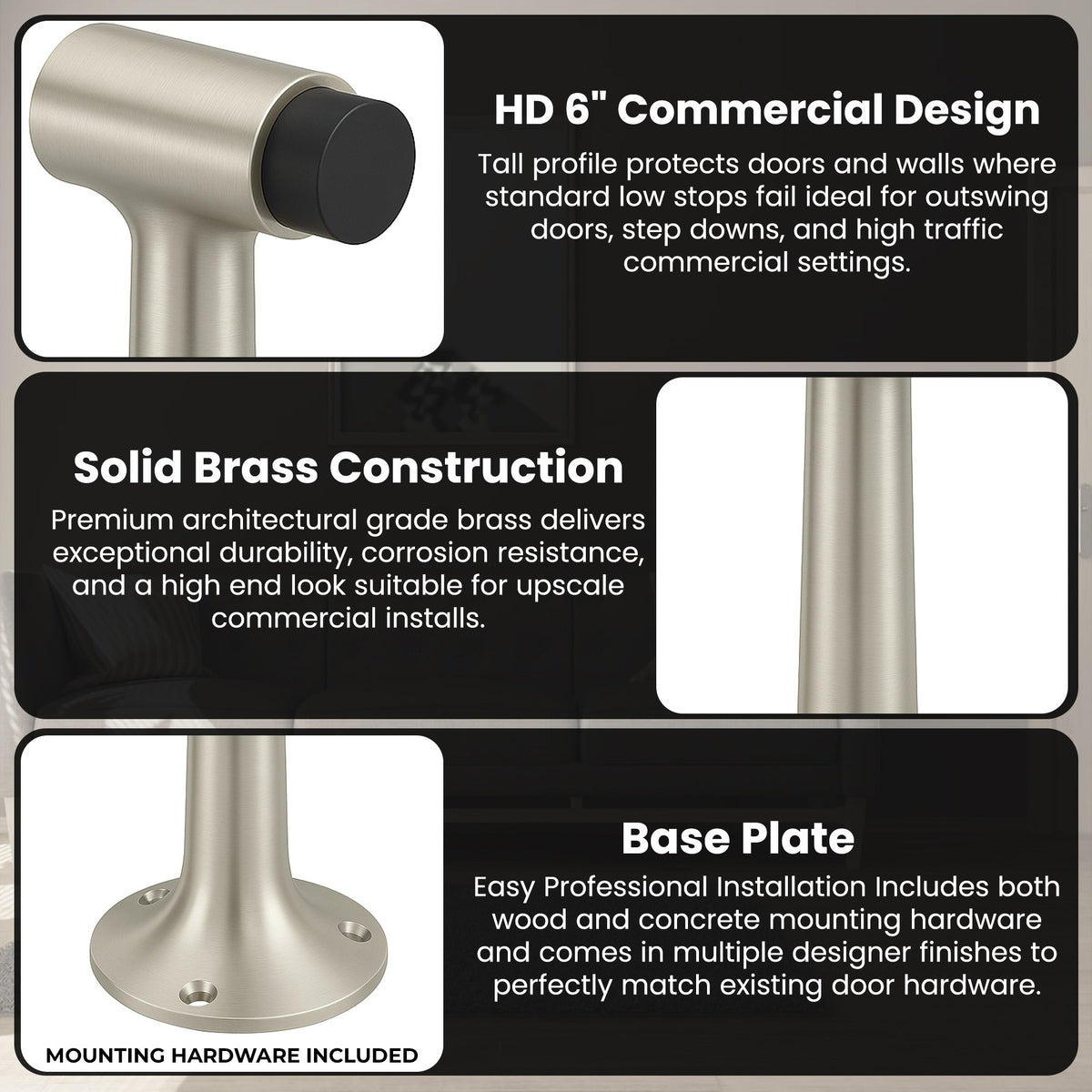Heavy Duty 6″ Floor-Mount Door Stop – Solid Brass, Commercial Grade (Satin Nickel).