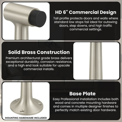 Heavy Duty 6″ Floor-Mount Door Stop – Solid Brass, Commercial Grade (Satin Nickel).