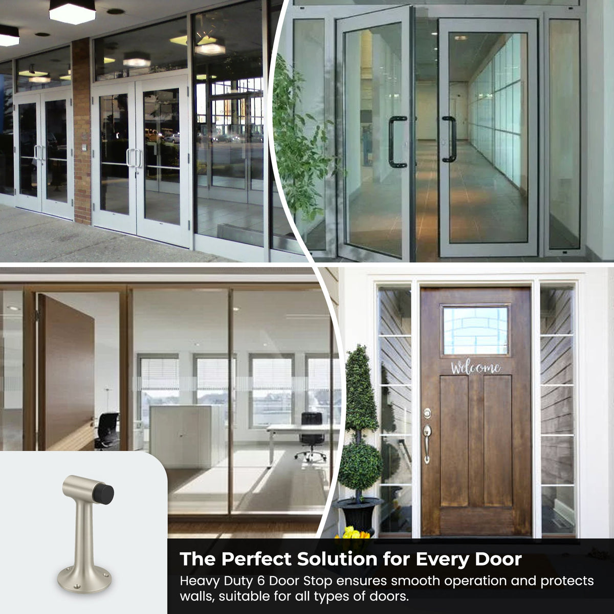 Heavy Duty 6″ Floor-Mount Door Stop – Solid Brass, Commercial Grade (Satin Nickel).