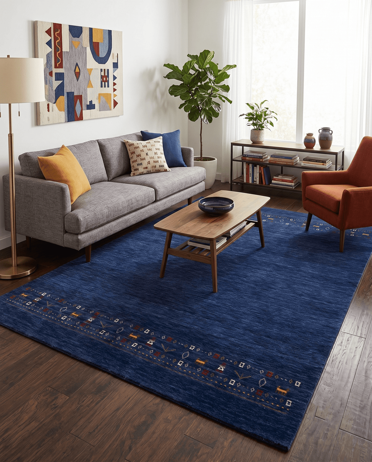 Contemporary Blue Design Hand Loomed Wool Area Rug.
