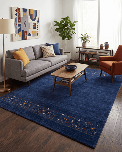 Contemporary Blue Design Hand Loomed Wool Area Rug.