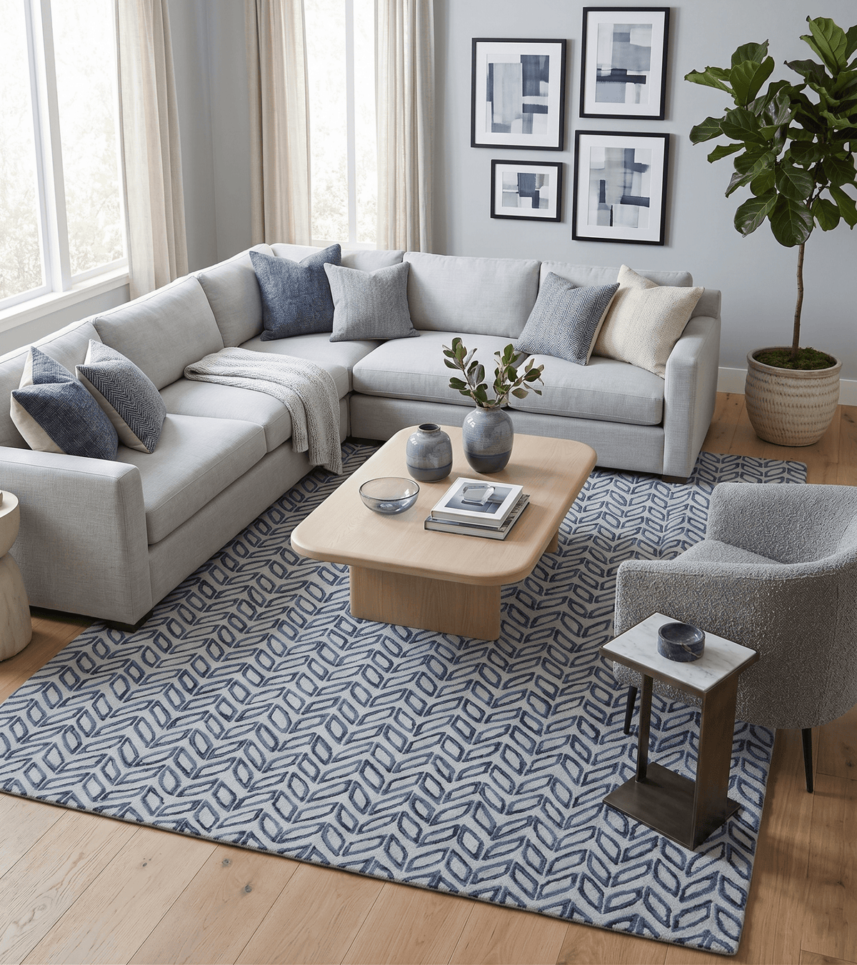 Contemporary Farmhouse Leaf's Hand Tufted Silver and Blue Loop Multi Size Wool Rug.