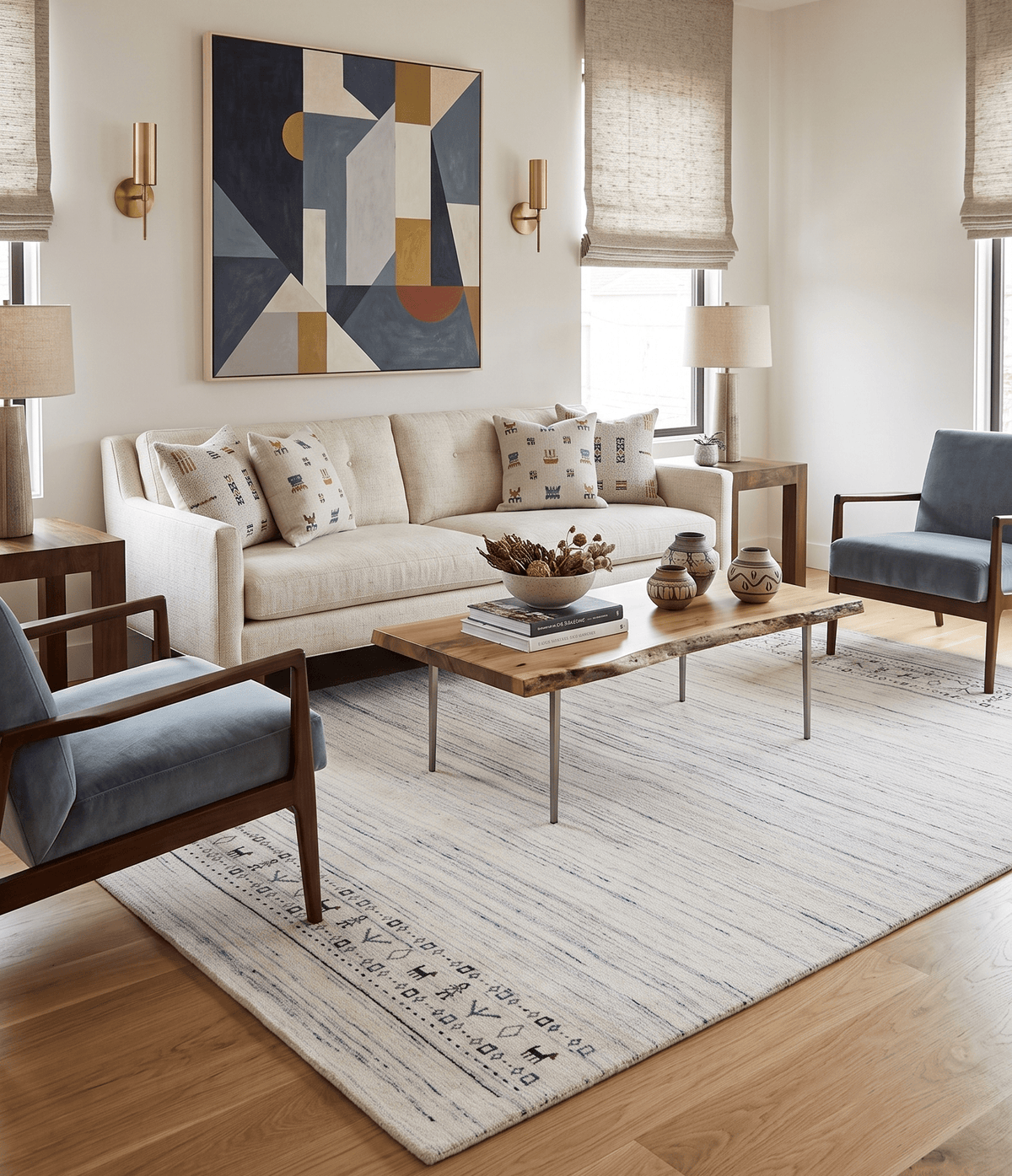 Contemporary Ivory Design Hand Loomed Wool Rug.