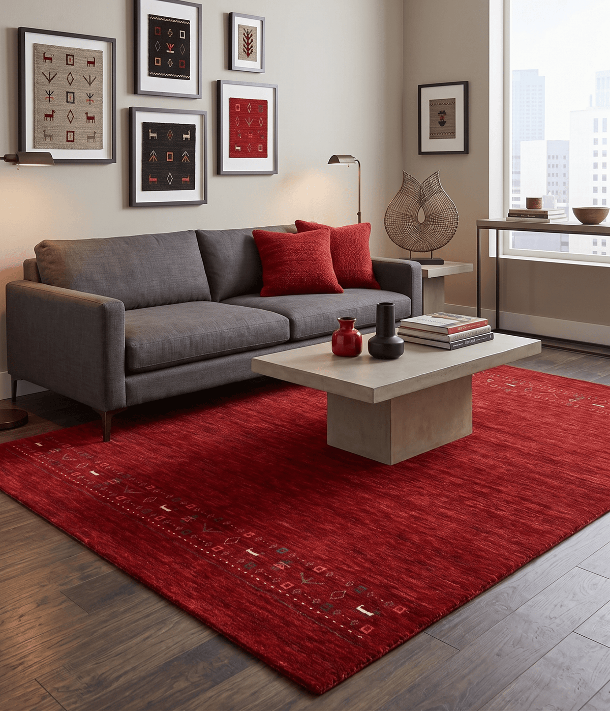 Contemporary Red Hand Loomed Wool Area Rug.